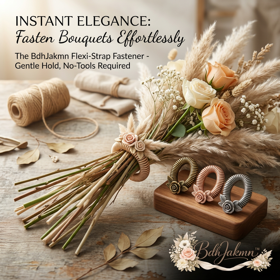 BdhJakmn™ Flexi-Strap Bouquet Fastener | Reusable Spiral Flower Stem Wrap | Decorative Elastic Floral Arrangement Holder with Rose Embellishment | No-Tools Florist Supplies for Wedding, DIY Bouquets, Home Decor