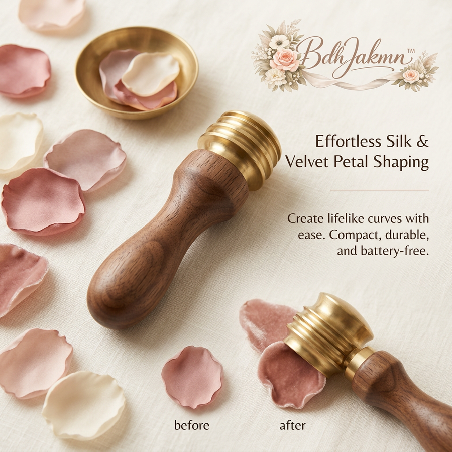 BdhJakmn™ Brass Fabric Flower Shaping Tool - Manual Petal Curler and Veining Mold with Ergonomic Wood Handle for DIY Silk, Velvet, and Leather Flower Crafting, Professional Millinery Tools