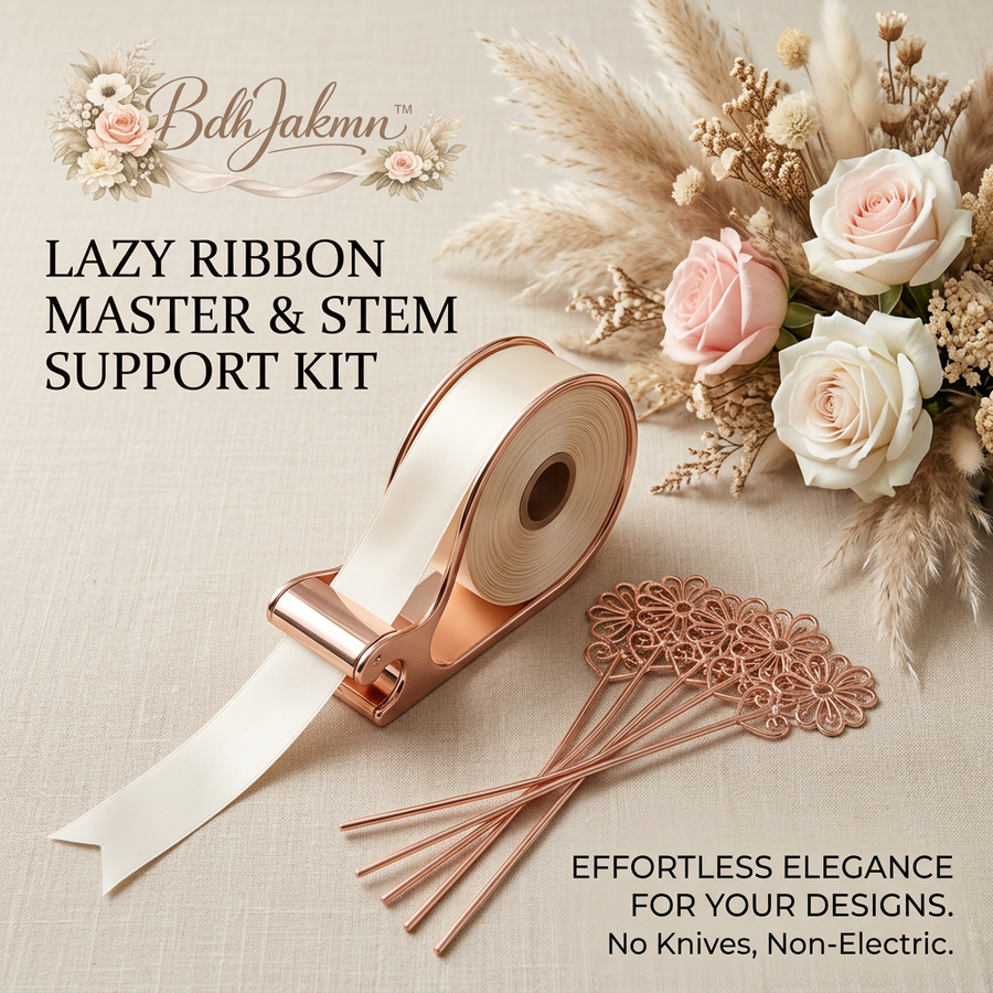 BdhJakmn™ Lazy Ribbon Master & Stem Support Kit - Premium Rose Gold Ribbon Dispenser with Safety Cutter & 5pcs Decorative Metal Floral Stakes for Wedding Bouquets, DIY Crafting, Gift Wrapping and Flower Arranging