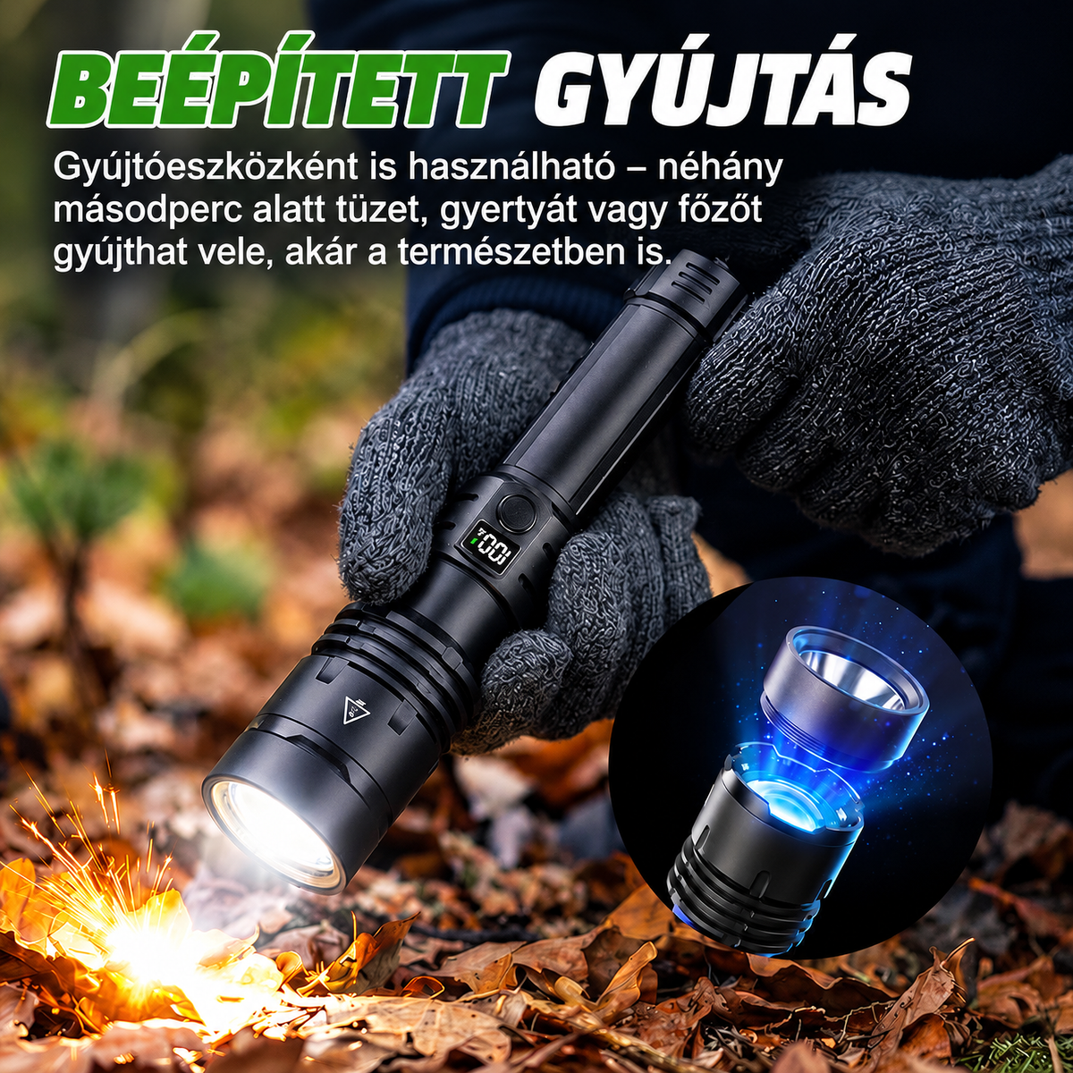 Zseblámpa beépített tűzgyújtó lencsével